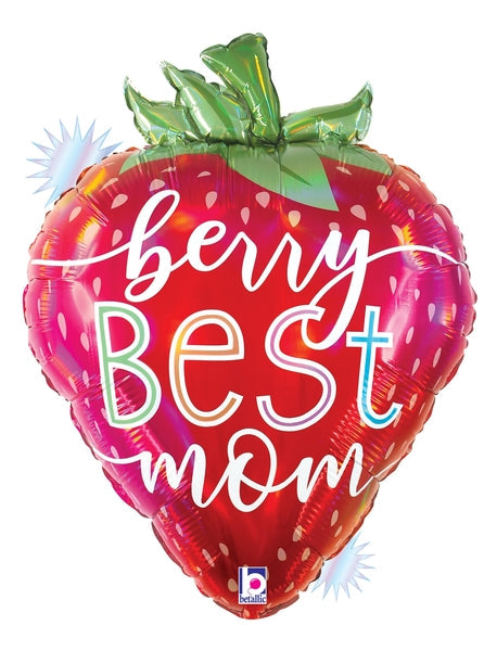 26" Foil Shape Holographic Opal Best Mom Strawberry Foil Balloon