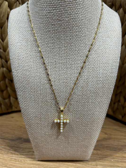 Collar Stainless Steel - Cruz con perlas